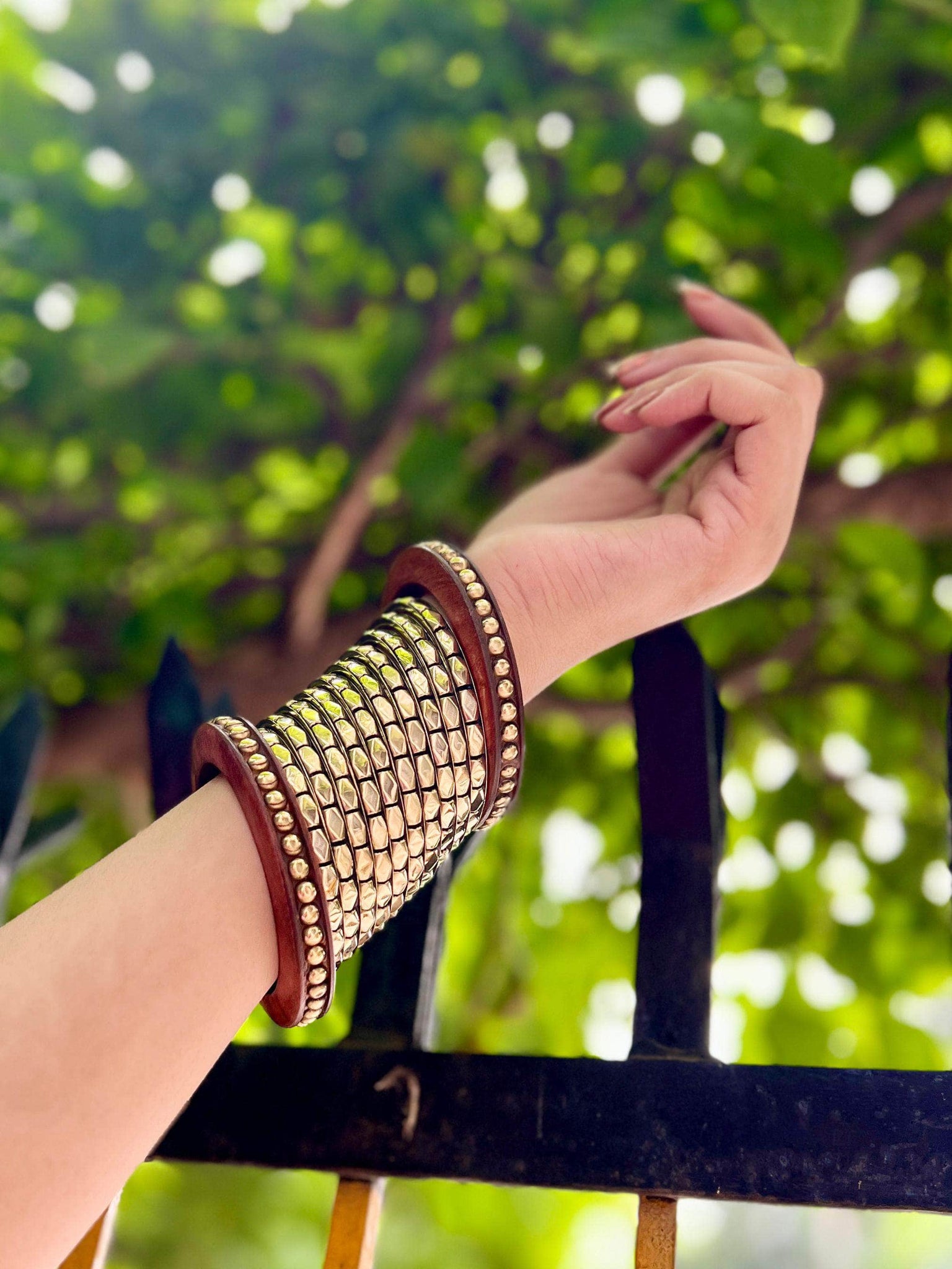 Devi Handcrafted Wooden & Brass Bangles Stack - 12 PCS set