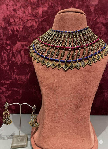 Gauri Navratri Special Multi Colored Handcrafted Beaded Oxidised Gold Plated Jewellery Set