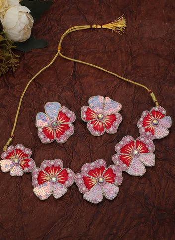 Rossiate Pink Color Beads & Pearls-Studded Floral Jewellery Set