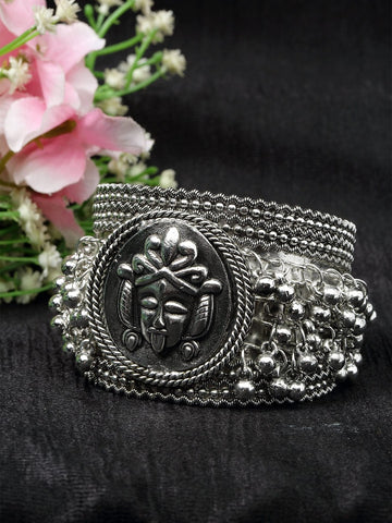 Ghungro Studded Oxidised Silver Plated Handcrafted Temple Cuff Bracelet