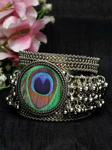 Enamelled Design Beads Studded Antique Silver Plated Tribal Handcrafted Cuff Bracelet