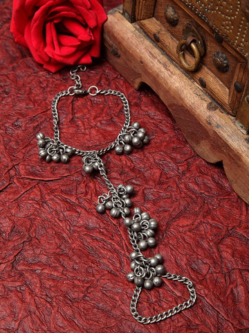 Ghungroo Studded Oxidised Silver Plated Handcrafted Ring and Charm Bracelet