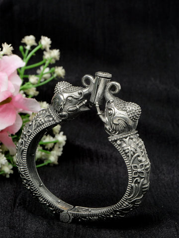 Ganesha Detailing Tribal Style Antique Silver Plated Handcrafted Brass Bracelet