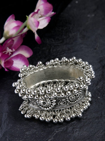 Beads Studded Floral Design Oxidised Silver Plated Handcrafted Tribal Bracelet