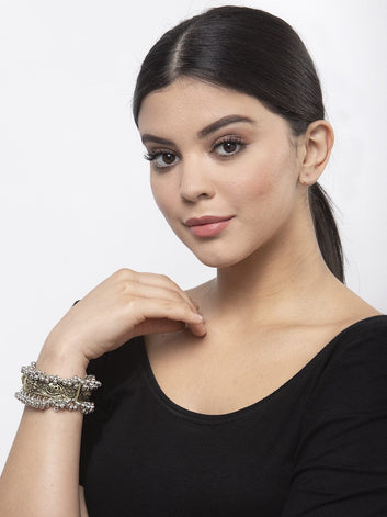 Beads Studded Floral Design Oxidised Gold Plated Handcrafted Tribal Bracelet