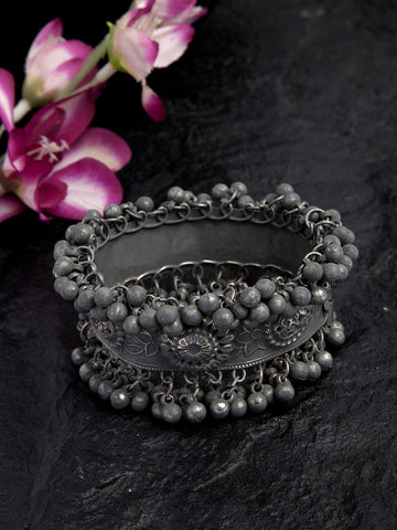 Beads Studded Floral Design Oxidised Black Polish Handcrafted Afghan Bracelet