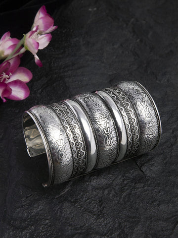 Engraved Motifs Detailing Oxidised Silver Plated Handcrafted Tribal Cuff Bracelet