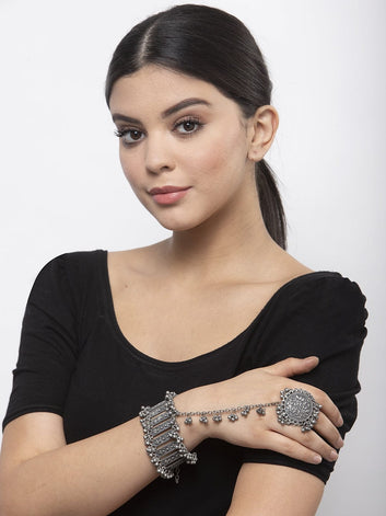 Floral Design Filigree Work Oxidised Silver Plated Handcrafted Tribal Ring and Bracelet