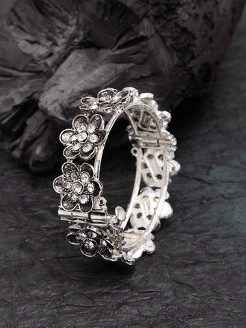 Women Silver-Plated Brass Crystals Oxidised Bangle-Style Bracelet