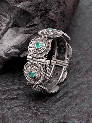 Women Silver-Plated & Green Brass Crystals Oxidised Bangle-Style Bracelet