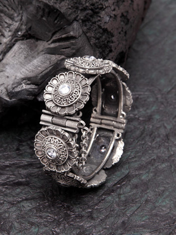 Women Gunmetal-Toned Brass Crystals Oxidised Silver-Plated Bangle-Style Bracelet
