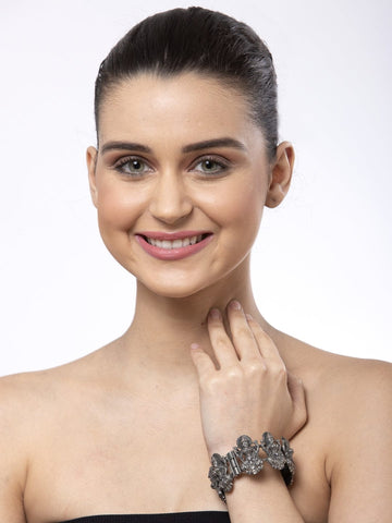 Women Silver-Plated Laxmi Design Filigree Work Oxidised Bangle-Style Bracelet