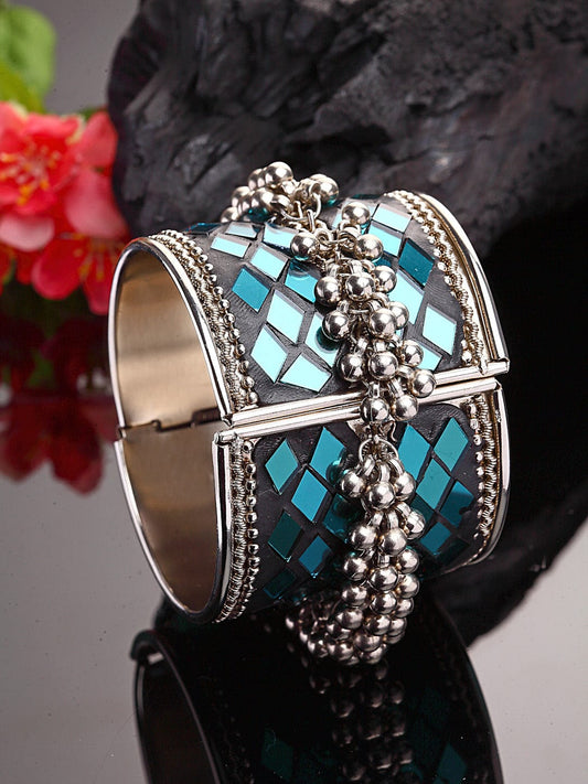 Women Silver-Toned & Blue Brass Crystals Mirror Silver-Plated Cuff Bracelet