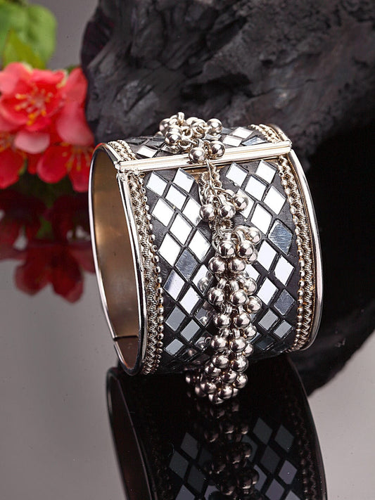 Women Silver-Toned Brass Mirror & Ghungroo Silver-Plated Cuff Bracelet