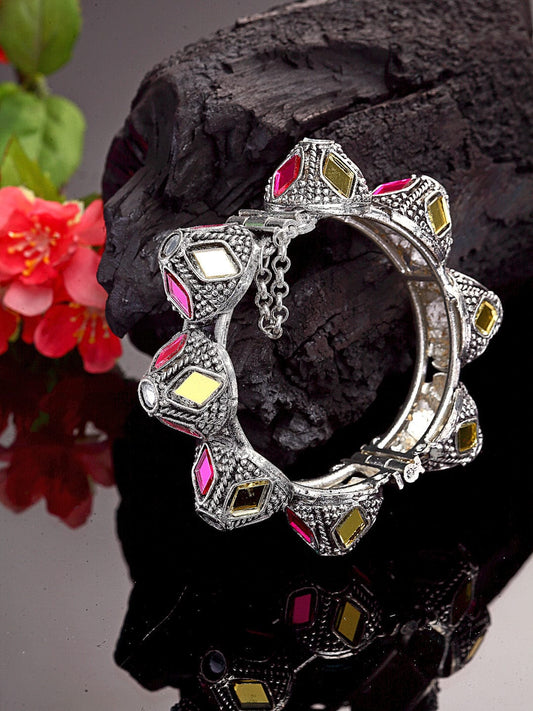 Women Silver & Magenta Brass Crystals Mirror Work Silver Plated Cuff Bracelet