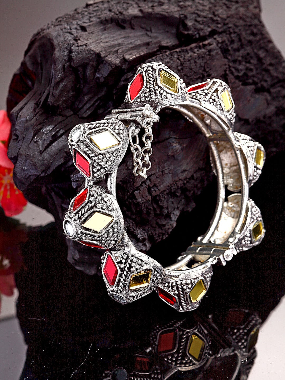 Women Silver-Toned & Red Brass Crystals Mirror Silver-Plated Cuff Bracelet