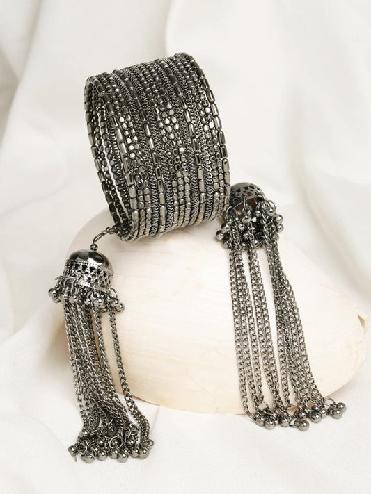 Women Silver-Toned Brass Tasselled Silver-Plated Cuff Bracelet