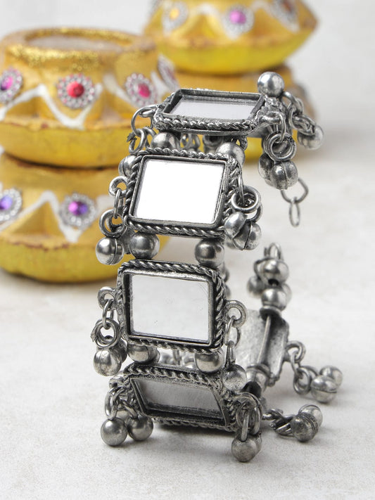 Mirror Studded Tribal Oxidised Cuff Bracelet