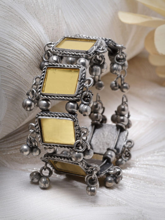Mirror Studded Tribal Oxidised Cuff Bracelet