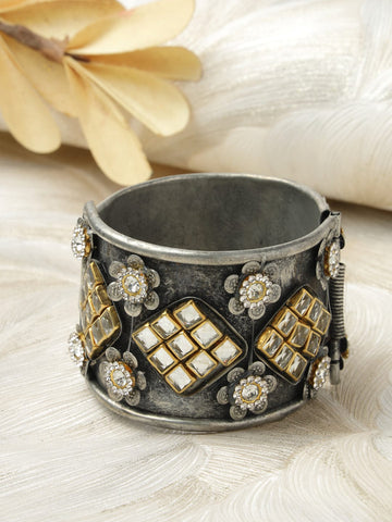 Kundan Studded Oxidised Antique Cuff Bracelet
