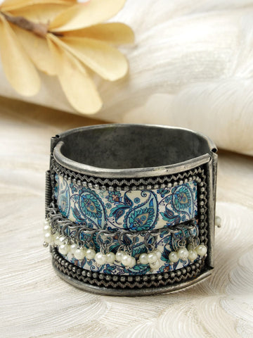 Meenakari Pearls Studded Oxidised Cuff Bracelet