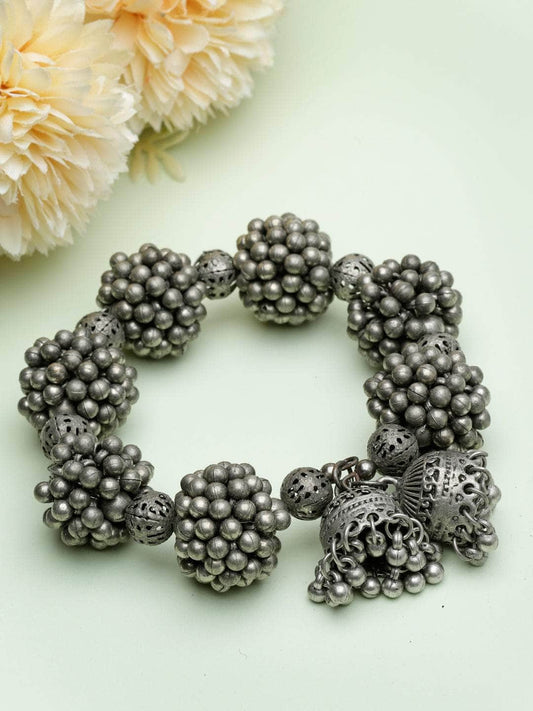 Handcrafted Ghungroo Studded Filigree Work Oxidised Silver Plated Tribal Bracelet