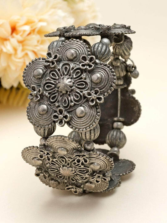 Handcrafted Floral Design Oxidised Silver Plated Antique Tribal Bracelet