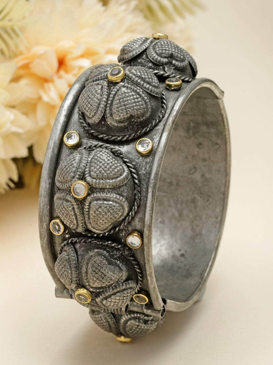 Stone Studded Handcrafted Antique Tribal Design Oxidised Silver Plated Bracelet