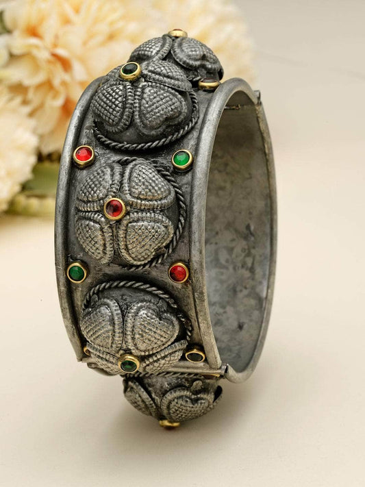 Stone Studded Handcrafted Antique Tribal Design Oxidised Silver Plated Bracelet