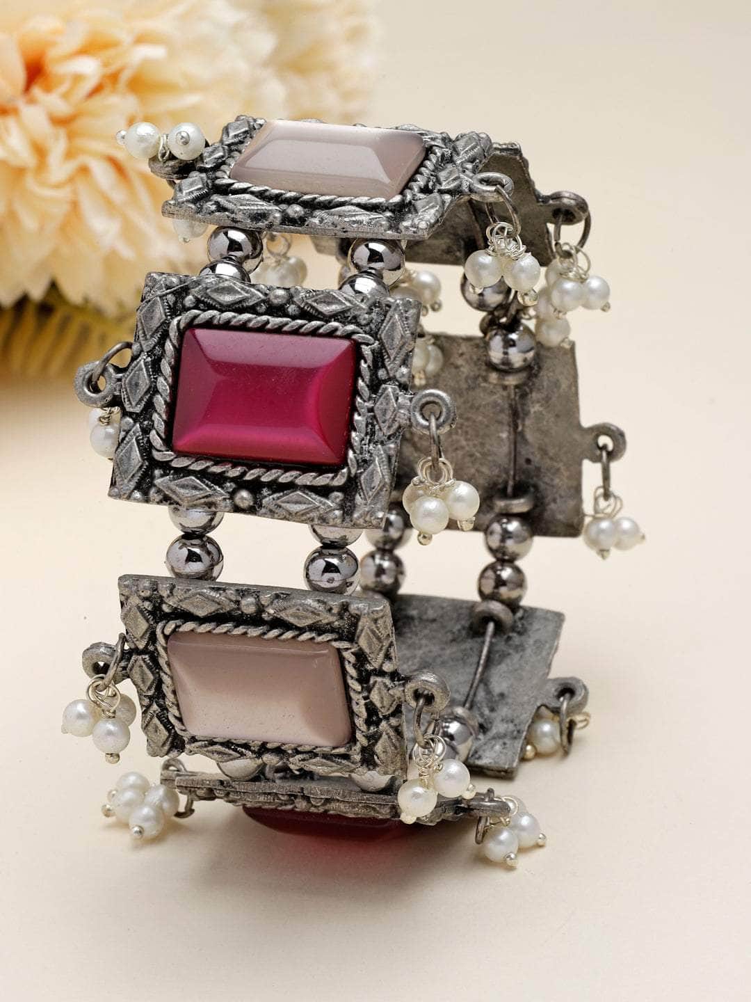 Mirrors & Pearls Studded Antique Filigree Design Oxidised Silver Plated Tribal Bracelet