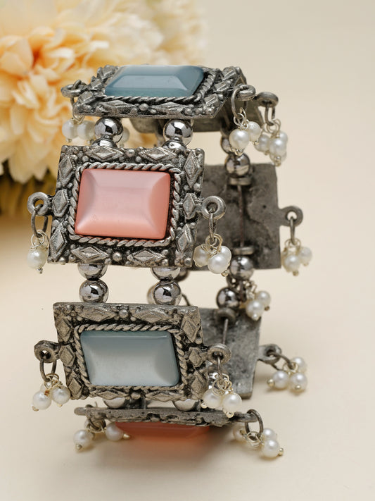 Mirrors & Pearls Studded Antique Filigree Design Oxidised Silver Plated Tribal Bracelet