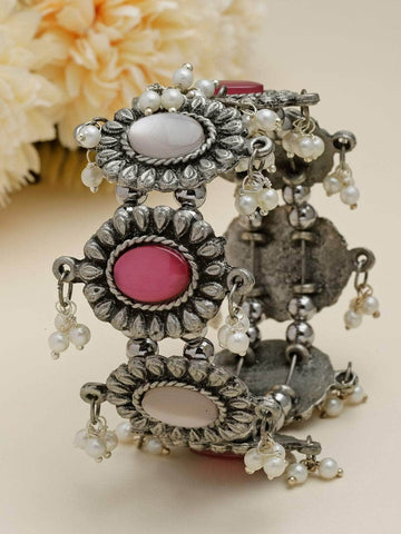 Mirrors & Pearls Studded Antique Filigree Design Oxidised Silver Plated Tribal Bracelet