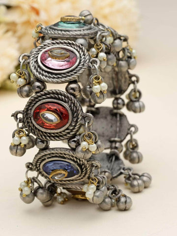Stones Pearls & Mirrors Studded Antique Tribal Design Oxidised Silver Plated Bracelet