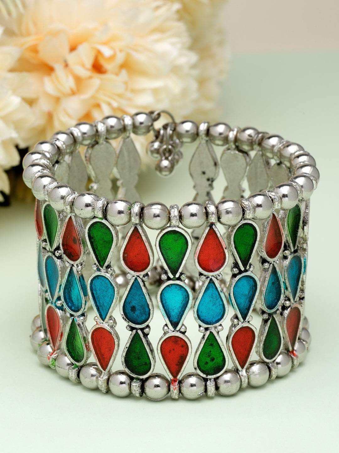 Handpainted Meenakari Work Afghan Teardrop Design Silver Plated Antique Bracelet