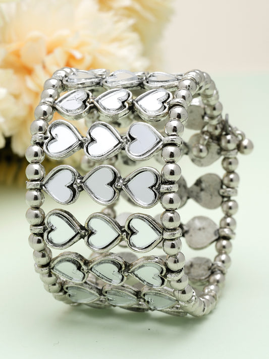 Mirrors Studded Handcrafted Heart Shape Afghan Design Silver Plated Antique Bracelet