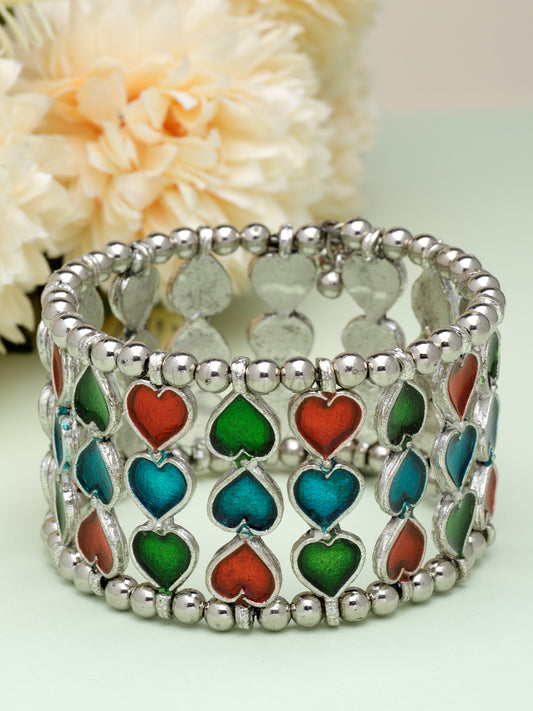 Handpainted Meenakari Work Heart Shape Afghan Design Silver Plated Antique Bracelet