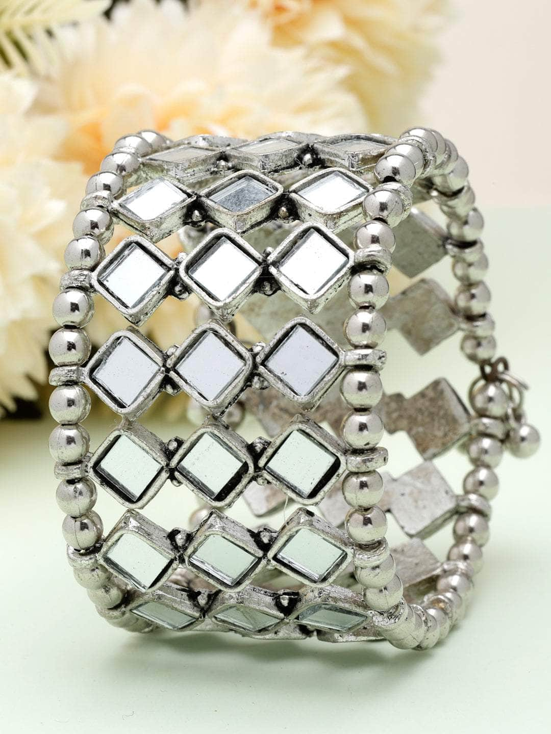 Mirrors Studded Antique Afghan Design Silver Plated Handcrafted Tribal Bracelet