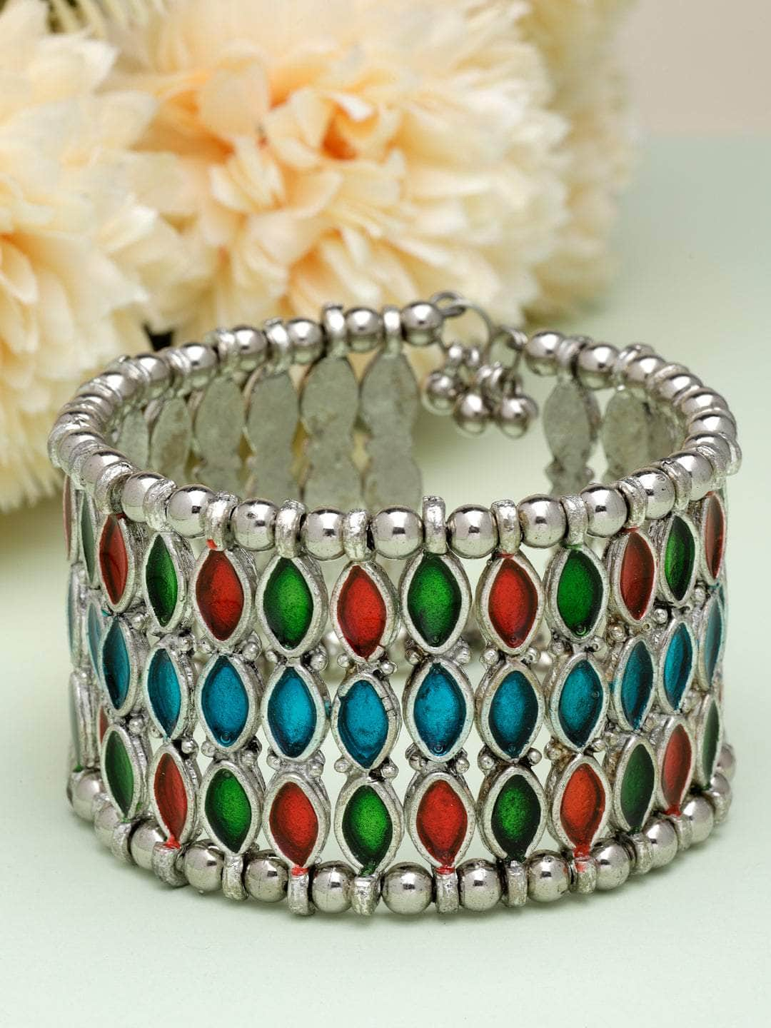 Handpainted Meenakari Work Antique Afghan Design Silver Plated Tribal Bracelet