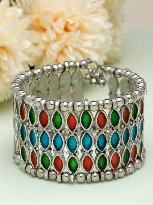 Handpainted Meenakari Work Antique Afghan Design Silver Plated Tribal Bracelet