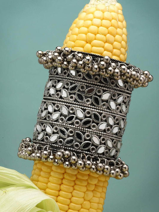 Women Silver-Plated Mirror Studded Oxidised Long Cuff Bracelet