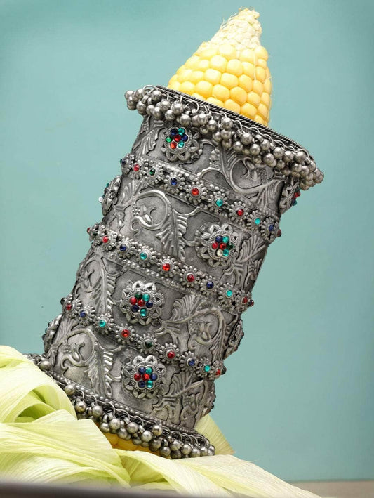Women Silver-Plated Multicolored Stone Studded Oxidised  Long Cuff Bracelet