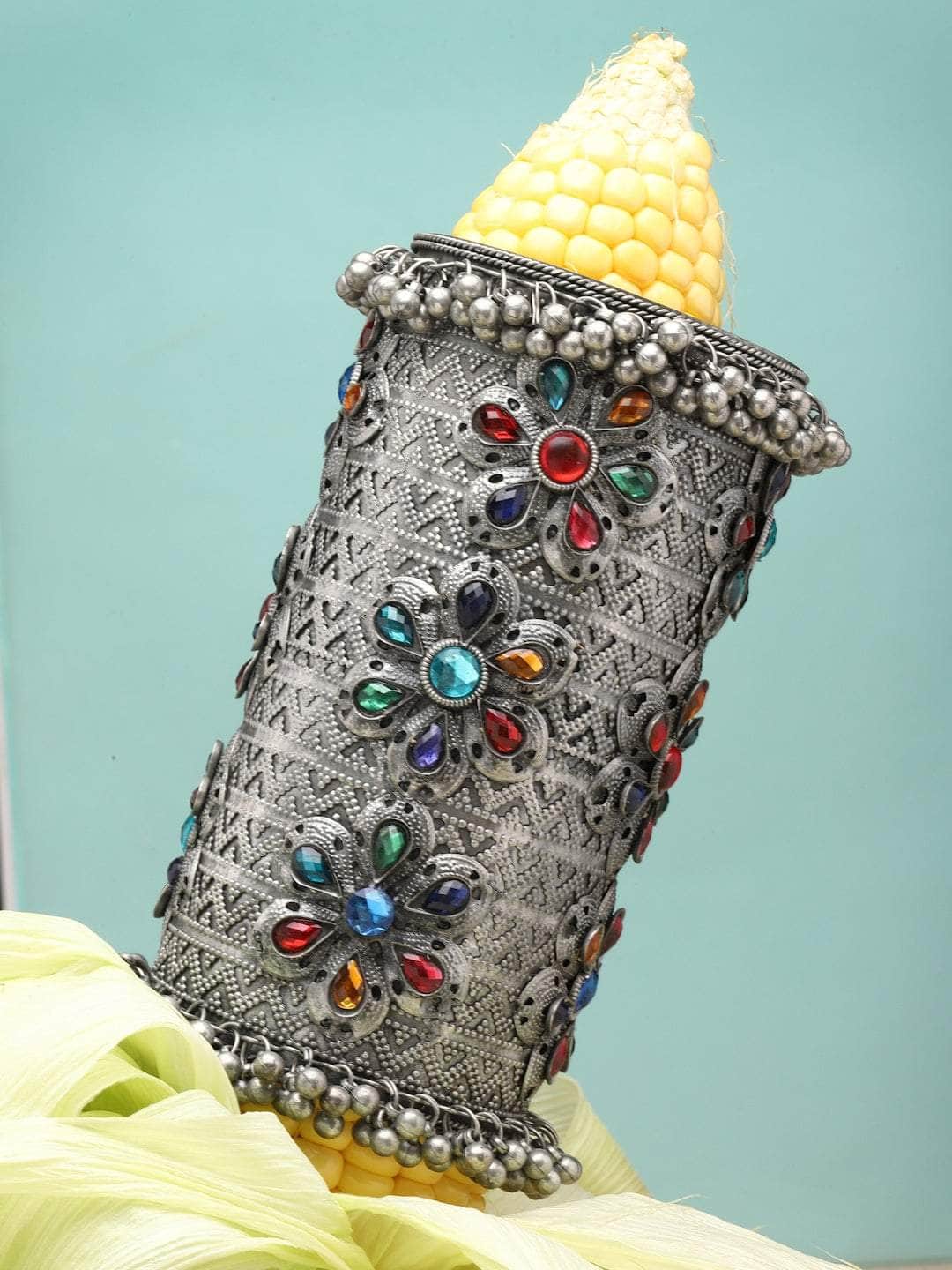 Women Silver-Plated Multicolored Stone Studded Oxidised  Long Cuff Bracelet