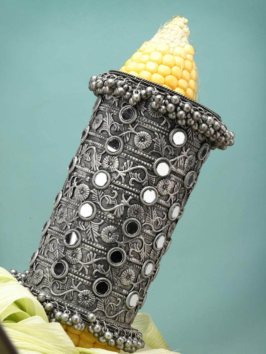 Women Silver-Plated Mirror Studded Oxidised Long Cuff Bracelet