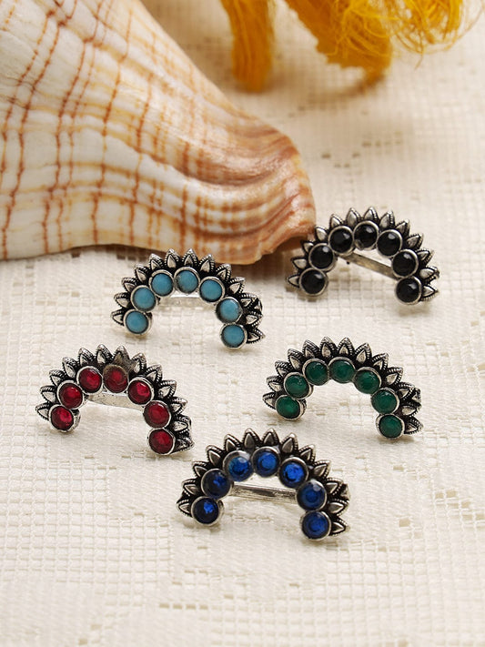 Set Of 5 Silver-Plated Crystals Studded Oxidised Nosepins