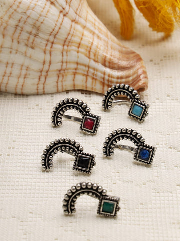 Set Of 5 Silver-Plated Crystal Studded Oxidised Nosepins