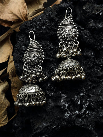 Beads Studded Paisley Design Oxidised Silver Plated Handcrafted Tribal Jhumkas