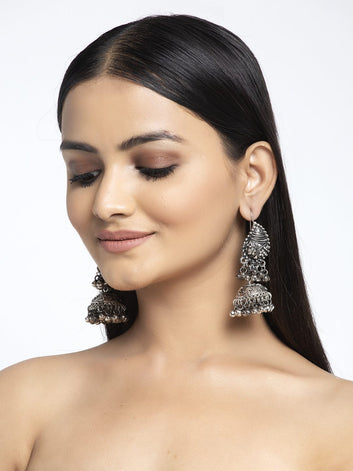 Beads Studded Paisley Design Oxidised Silver Plated Handcrafted Tribal Jhumkas