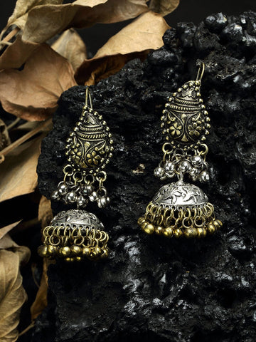 Beads Studded Paisley Design Oxidised Gold Plated Handcrafted Tribal Jhumkas