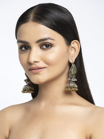 Beads Studded Paisley Design Oxidised Gold Plated Handcrafted Tribal Jhumkas