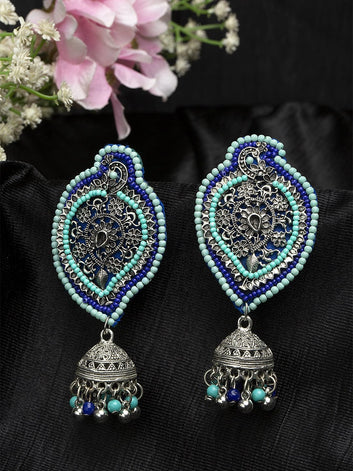 Turquoise Blue Beads Studded Oxidised Silver Plated Handcrafted Afghan Design Jhumkas